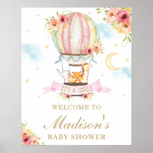 Floral Hot Air Balloon Baby Shower Animals Welcome Poster