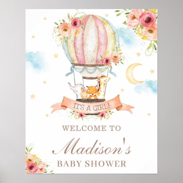 Floral Hot Air Balloon Baby Shower Animals Welcome Poster (Front)