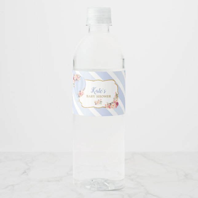 Floral Hot Air Balloon Baby Shower Blue Baby Boy Water Bottle Label (Front)