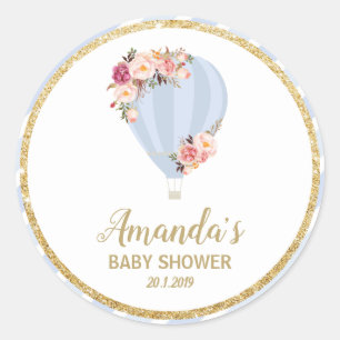Floral Hot Air Balloon Baby Shower Blue Thank You Classic Round Sticker