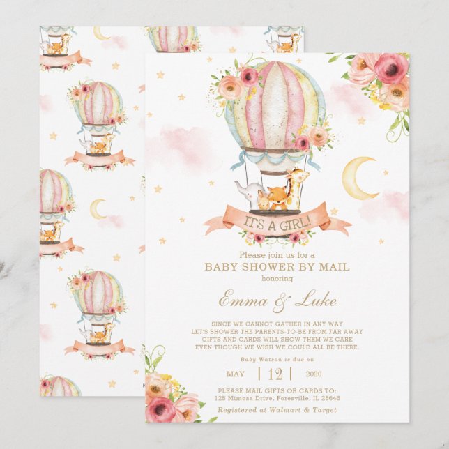 Floral Hot Air Balloon Baby Shower by Mail Animals Invitation (Front/Back)