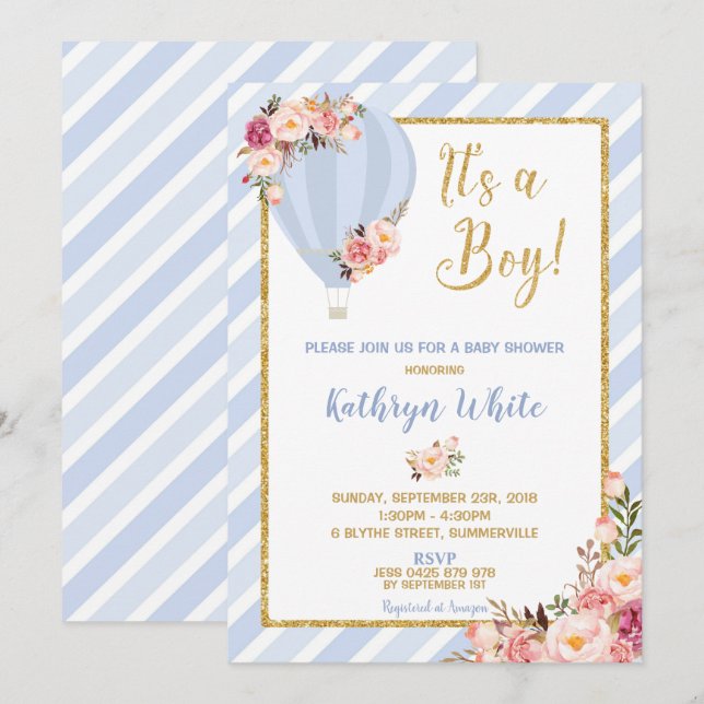 Floral Hot Air Balloon Baby Shower Invitation Boy (Front/Back)
