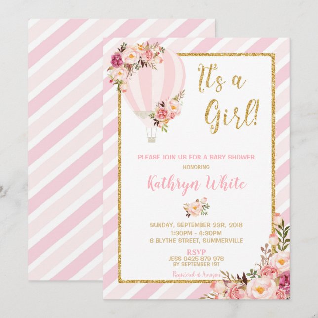 Floral Hot Air Balloon Baby Shower Invitation Girl (Front/Back)