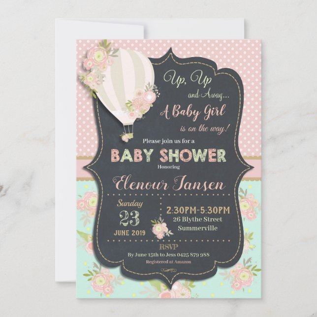 Floral Hot Air Balloon Baby Shower Invitation Girl (Front)