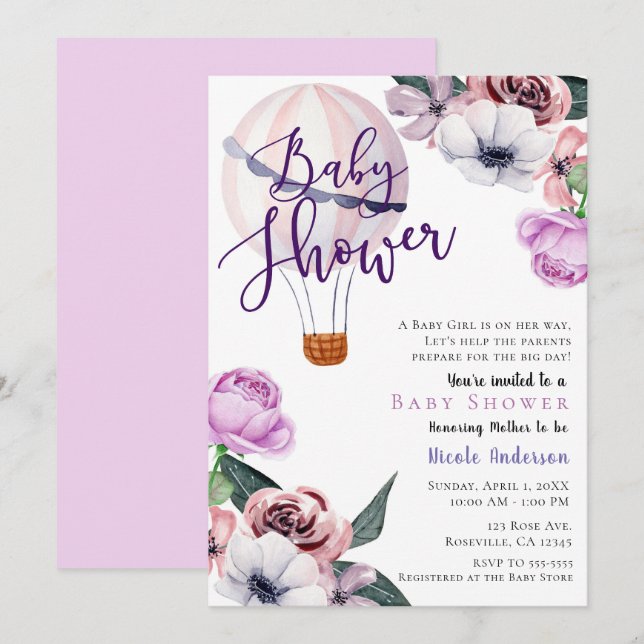 Floral Hot Air Balloon Baby Shower lavender purple Invitation (Front/Back)