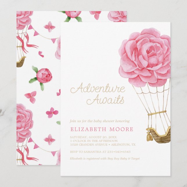 Floral Hot Air Balloon Baby Shower Peony |  Invitation (Front/Back)