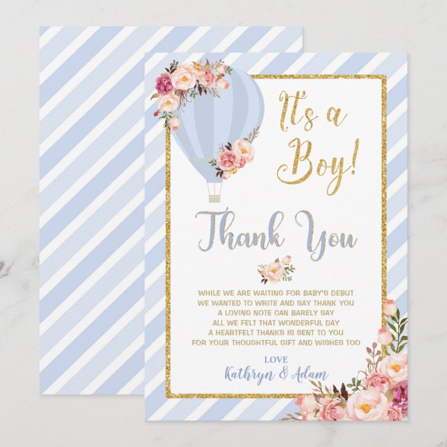 Floral Hot Air Balloon Baby Shower Thank You Cards (Front/Back)