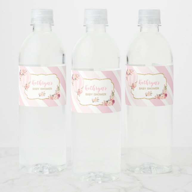 Floral Hot Air Balloon Baby Shower Water Bottle Label (Bottles)