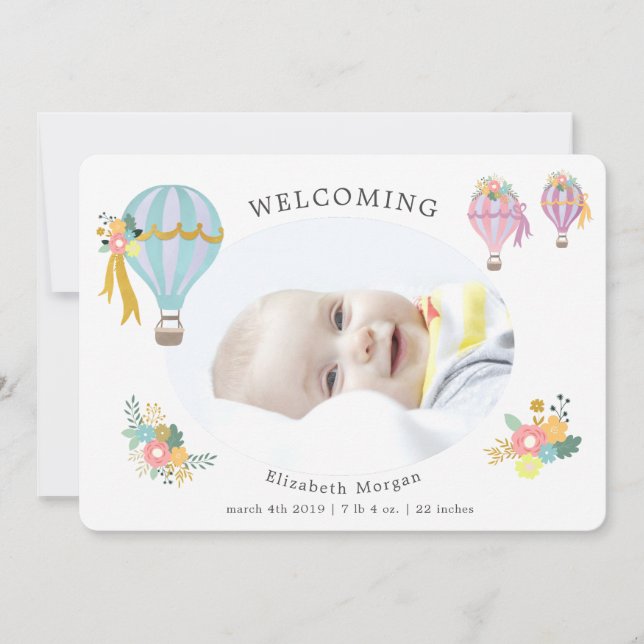 floral hot air balloon birth announcement card (Front)