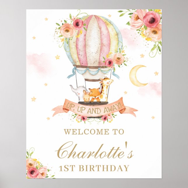 Floral Hot Air Balloon Birthday Animals Welcome Poster (Front)