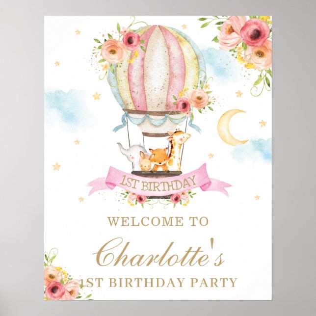 Floral Hot Air Balloon Birthday Animals Welcome Poster (Front)