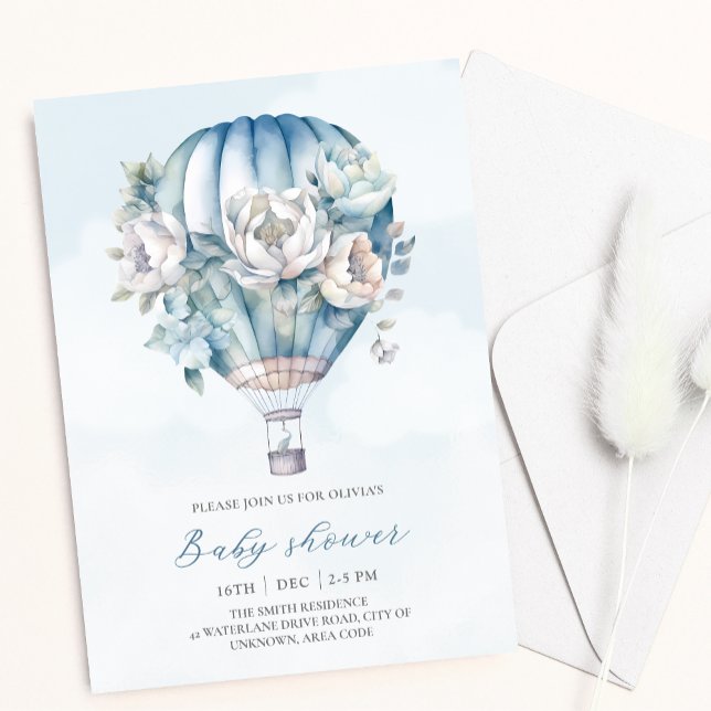 Floral Hot Air Balloon Blue Boy Baby Shower  Invitation (Creator Uploaded)