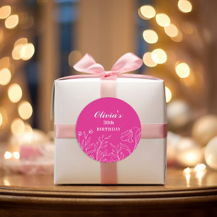 Floral Hot Pink 30th Birthday Elegant Classic Round Sticker