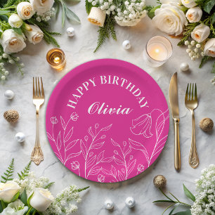 Floral Hot Pink 30th Birthday Elegant  Paper Plate