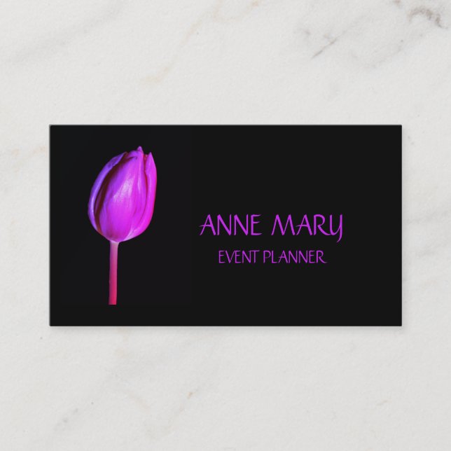 Floral Hot Pink Purple Tulips Black Custom Cute Business Card (Front)