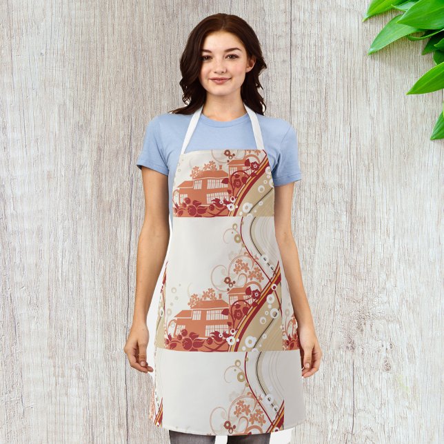 Floral House Illustration Swirl and Nature Pattern Apron (Creator Uploaded)