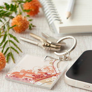 Floral House Illustration Swirl and Nature Pattern Key Ring