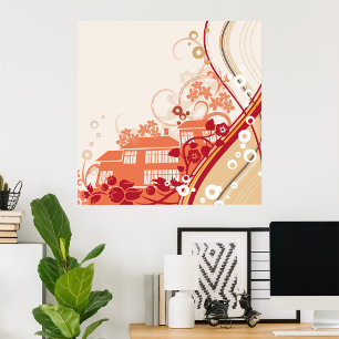 Floral House Illustration Swirl and Nature Pattern Poster