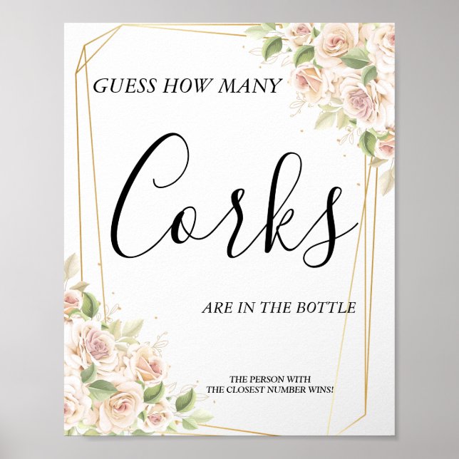 Floral How many Corks bridal shower game sign (Front)