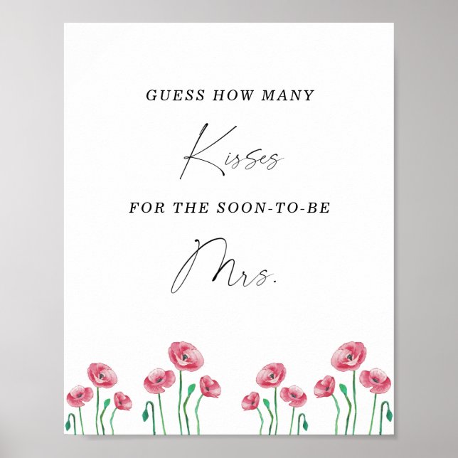 Floral how many kisses bridal shower game poster (Front)