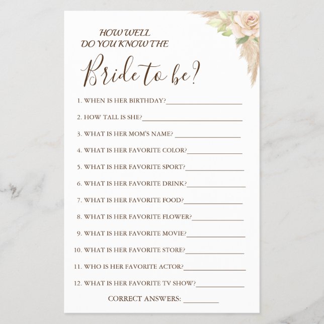 Floral How well do you know bride game card (Front)