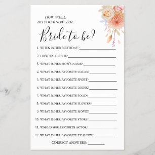 Floral How well do you know bride game card