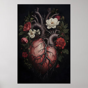 Floral Human Heart Anatomy Print, Dark Macabre Poster