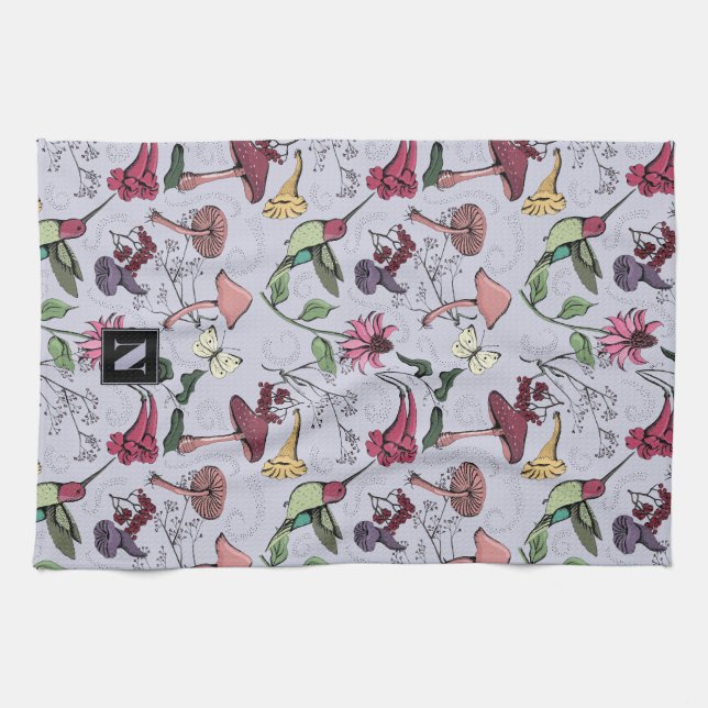 Floral Hummingbird Garden Lavender Purple Tea Towel (Horizontal)