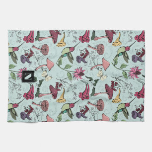 Floral Hummingbird Garden Mint Tea Towel