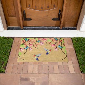 Floral Hummingbird Pattern Butterflies Nature Home Doormat
