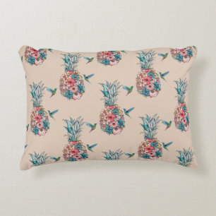 Floral Hummingbird Tropical Pineapples Cream Decorative Cushion