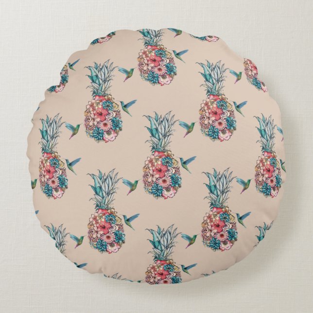 Floral Hummingbird Tropical Pineapples Cream Round Cushion (Front)