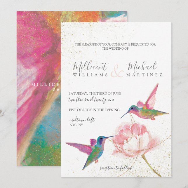 Floral Hummingbirds Gold Watercolor Wedding Invitation (Front/Back)