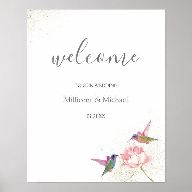 Floral Hummingbirds Gold Watercolor Welcome Sign (Front)