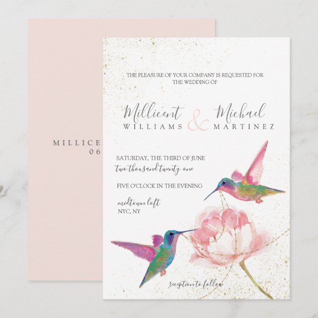 Floral Hummingbirds Pink Gold Watercolor Wedding Invitation (Front/Back)