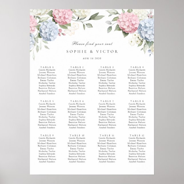 Floral Hydrangea 12 Table Wedding Seating Chart (Front)