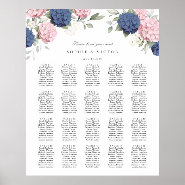 Floral Hydrangea 20 Table Wedding Seating Chart (Front)