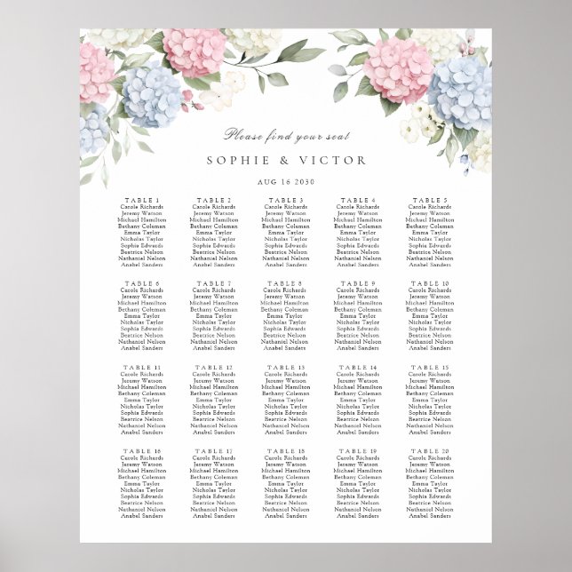 Floral Hydrangea 20 Table Wedding Seating Chart (Front)