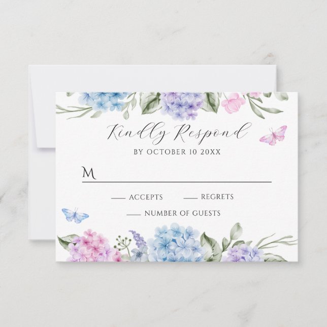 Floral hydrangea butterfly RSVP card (Front)