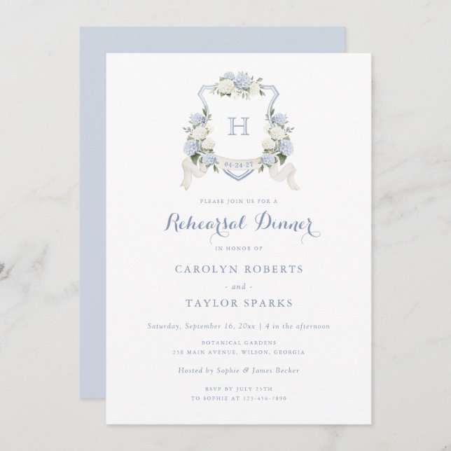 Floral Hydrangea Crest Rehearsal Dinner Wedding Invitation (Front/Back)