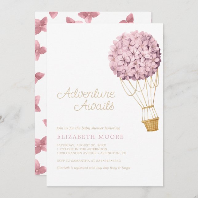 Floral Hydrangea Hot Air Balloon Baby Shower |  Invitation (Front/Back)