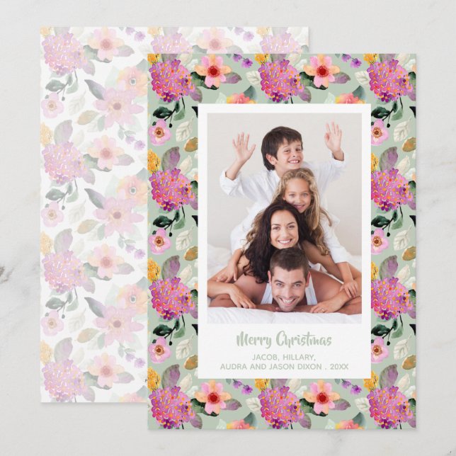 Floral Hydrangeas Christmas Photo Holiday Card (Front/Back)