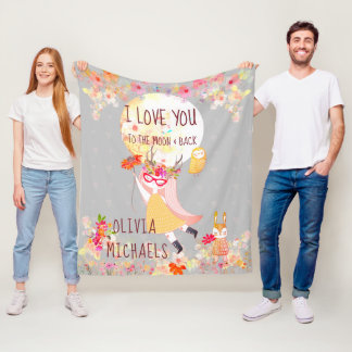 Floral "I Love You to the moon & back" Watercolor Fleece Blanket