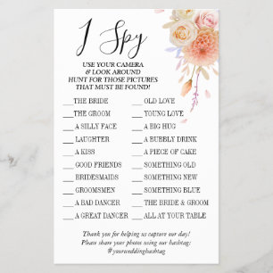 Floral I spy wedding reception game card