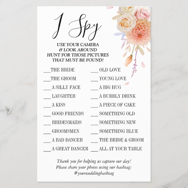 Floral I spy wedding reception game card (Front)