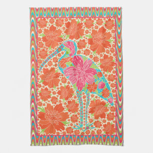 Floral Ibis Bird Retro Wavy Border Design Tea Towel