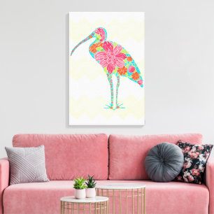 Floral Ibis Bird With Yellow Chevron Canvas Print