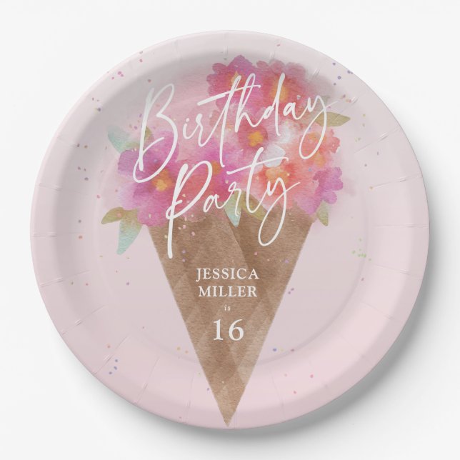 Floral Ice Cream Cone Birthday Party  Paper Plate (Front)