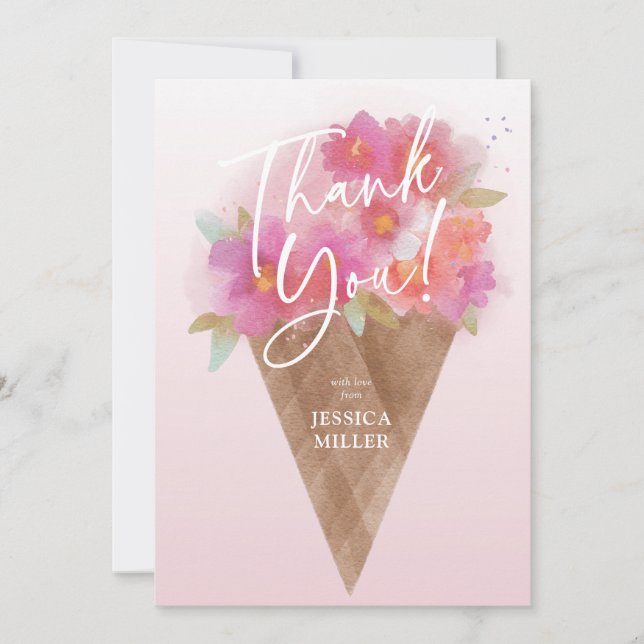 Floral Ice Cream Cone Flat Thank You Card (Front)