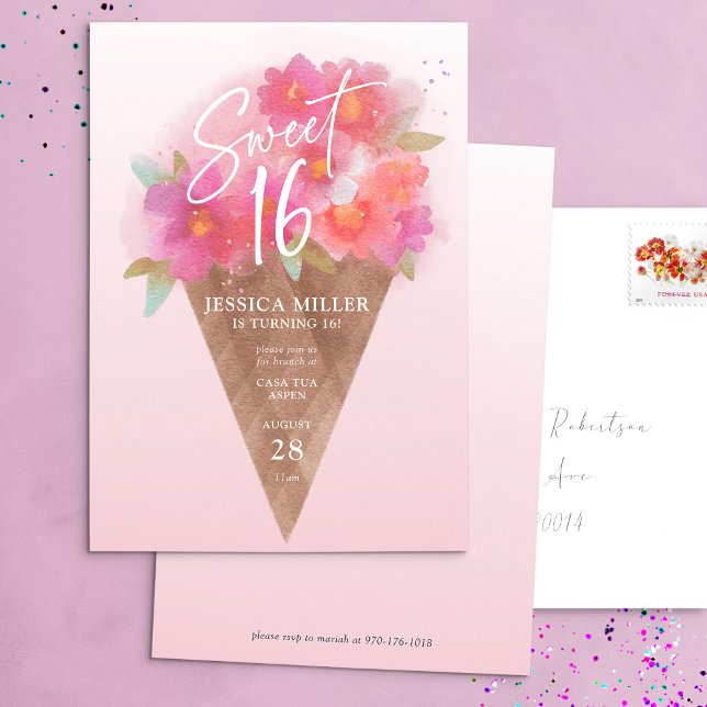 Floral Ice Cream Cone Sweet 16 Birthday Invitation (Creator Uploaded)